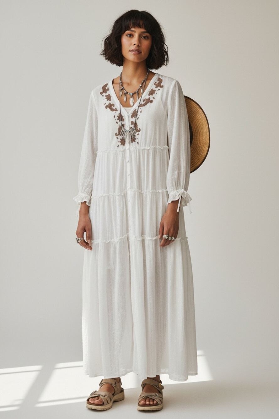 Roaman's Vintage Boho Embroidered Crinkle Cotton Tiered Maxi Dress Plus Size 14W
